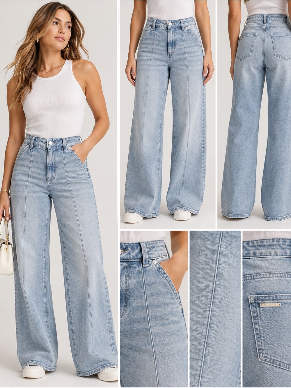 NWT Michael Kors Carmen Wide Leg Super High Rise Jeans Light Stone Wash Size 4